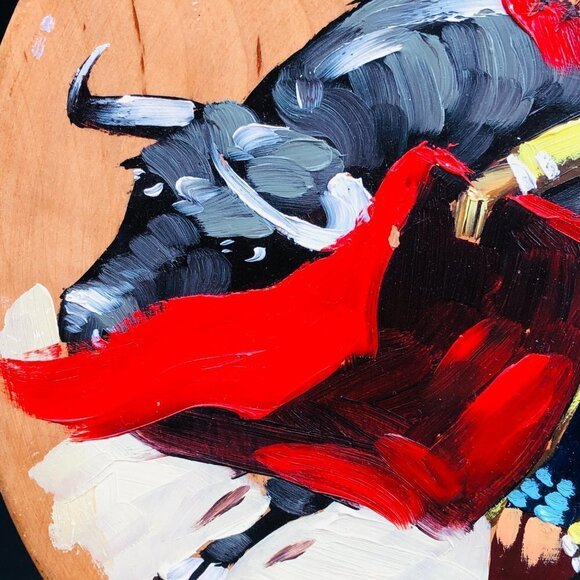 Mid Century Spanish Matador Painting Wooden Plate Wall Hanging Artist signed - Picture 2 of 11